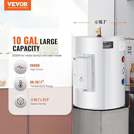 VEVOR Electric Water Heater, 10 Gallon Tank Instant Hot Water Heater, 1.6Kw Tankless Water Heater w/LED Display,Knob Control, IPX4 Waterproof Side Connection On Demand Heaters for Shower, Bath