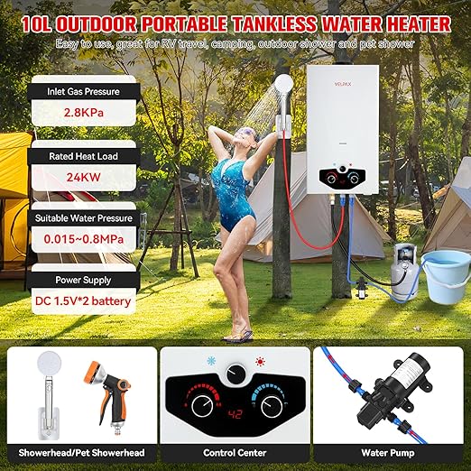 Tankless Water Heater Propane,2.64GPM 10L Outdoor Portable water heater,with 2 GPM Water Pump, Instant Propane water heater with Digital Display Multi-Protection for Camping Trips