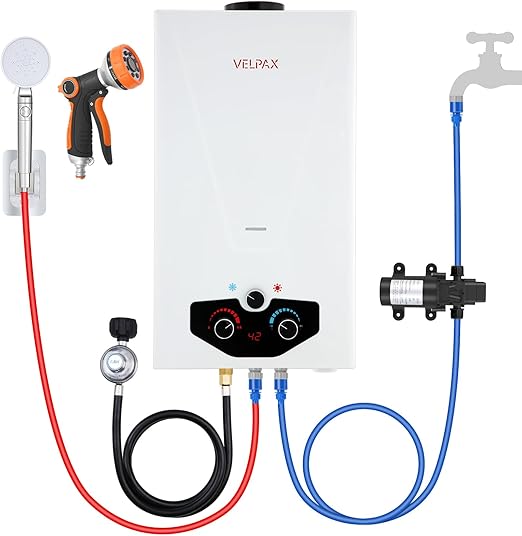 Tankless Water Heater Propane,2.64GPM 10L Outdoor Portable water heater,with 2 GPM Water Pump, Instant Propane water heater with Digital Display Multi-Protection for Camping Trips