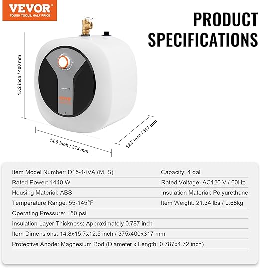 VEVOR Electric Mini-Tank Water Heater 4-Gallon Tank, 1440W Hot Water Boiler Storage, Safety Temperature Pressure Valve Easy Install, for Kichen Bathroom Restaurant, Shelf Wall Mounted