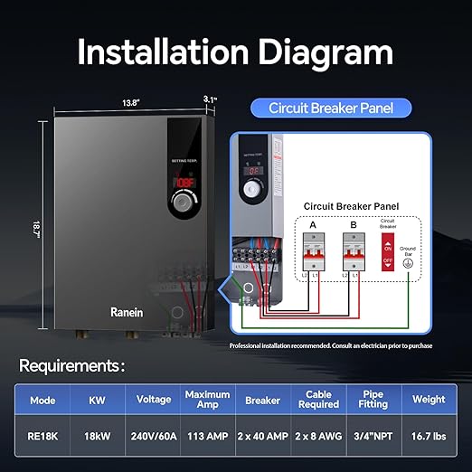 Electric Tankless Water Heater, 18kW 240V on Demand Instant Endless Water Heater with LED Temperature Display for Residential Whole House Shower, Space Saving