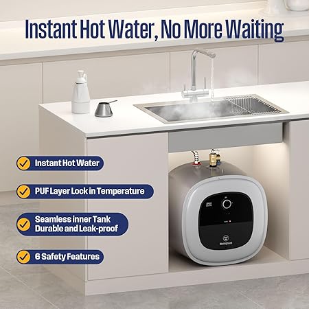 Westinghouse 8 Gal Electric Mini-Tank Water Heater for 3-4 Users - 1440W Rapid Heat, Under Sink, Wall/Floor Mount (UL Listed) -Gray