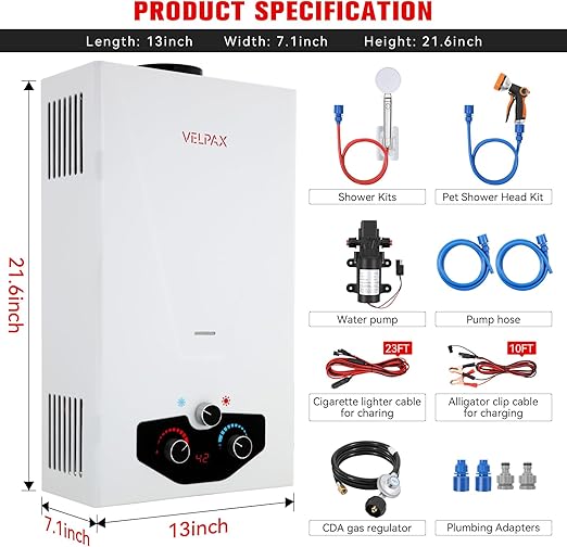 Tankless Water Heater Propane,2.64GPM 10L Outdoor Portable water heater,with 2 GPM Water Pump, Instant Propane water heater with Digital Display Multi-Protection for Camping Trips